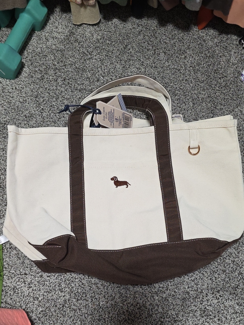 Canvas Tote Bag with Brown Trim and Dachshund Embroidery